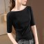 MISS LISA 2023 春夏 女装一字肩半袖棉T恤设计感扭结收腰上衣 T1Q1311