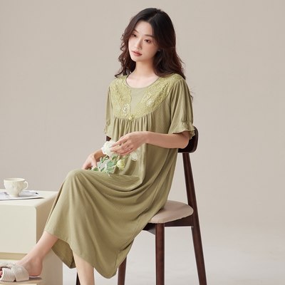 蕊诗Ruishi 2024带胸垫睡裙女夏季莫代尔薄款女士睡衣中老年冰丝家居服妈妈连衣裙33001绿色