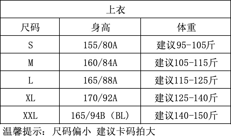 尺码对照表