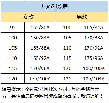 尺码对照表