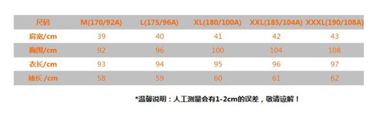 尺码对照表