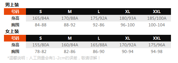 尺码对照表