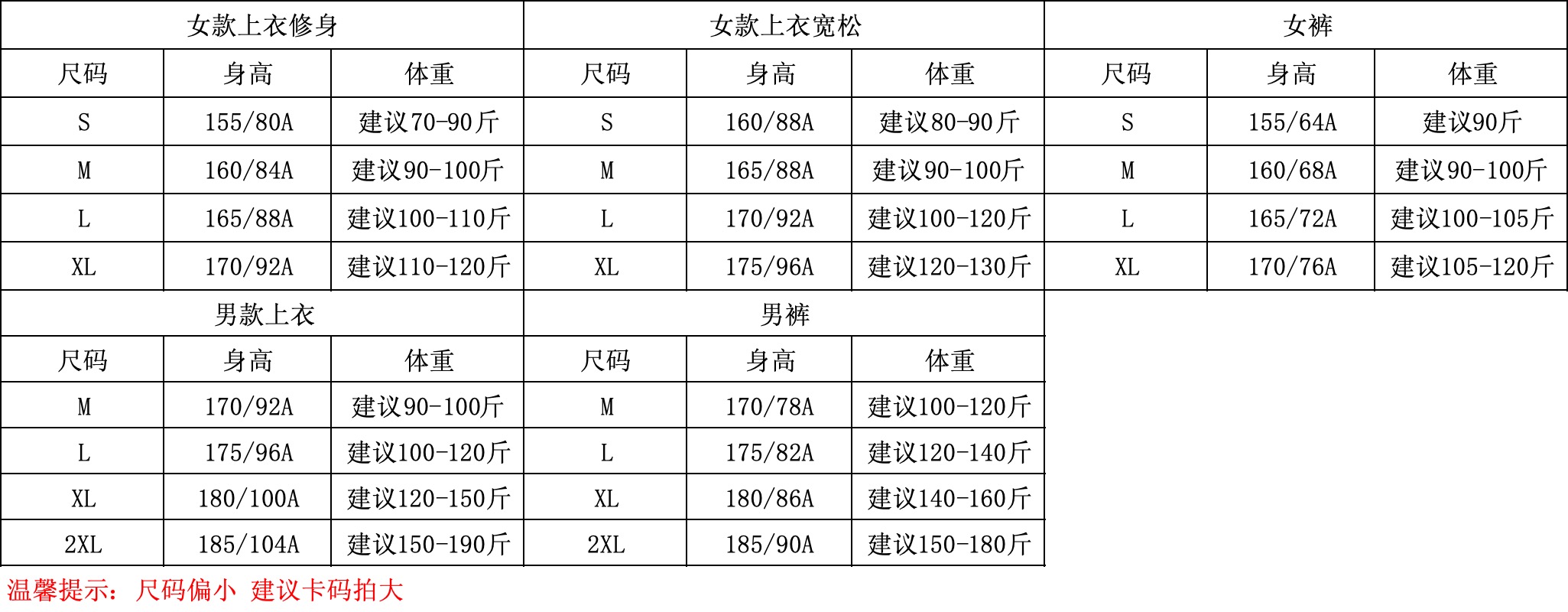 尺码对照表