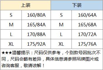 尺码对照表