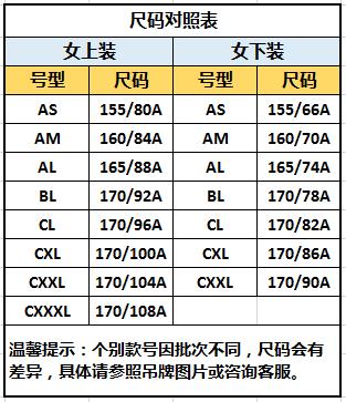 尺码对照表