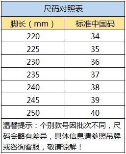 尺码对照表