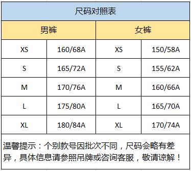 尺码对照表