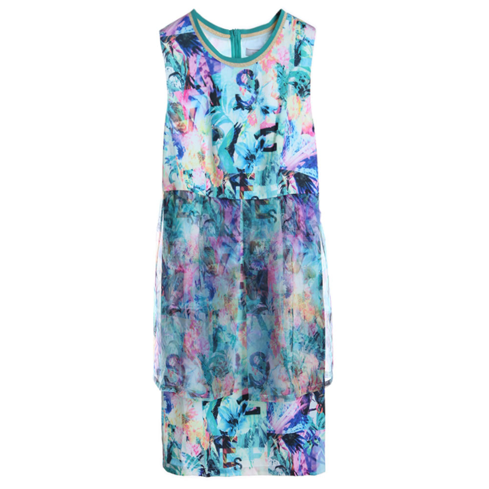 雪儿siares女款时尚印花长款无袖连衣裙