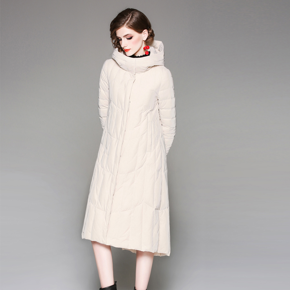 miss lisa白鸭绒长袖连帽中长款羽绒服女