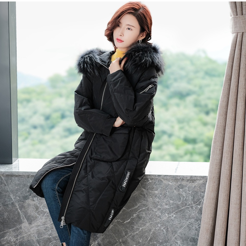 miss lisa貉子大毛领羽绒服女大码宽松连帽白鸭绒长款