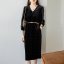 MISS LISA 2022 黑色连衣裙女设计感小众V领长袖法式复古收腰中长裙 W26Q7B0378
