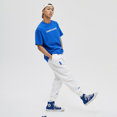 omg潮牌 夏季纯棉休闲印花运动短袖男士健身t恤透气宽松圆领蓝色 j